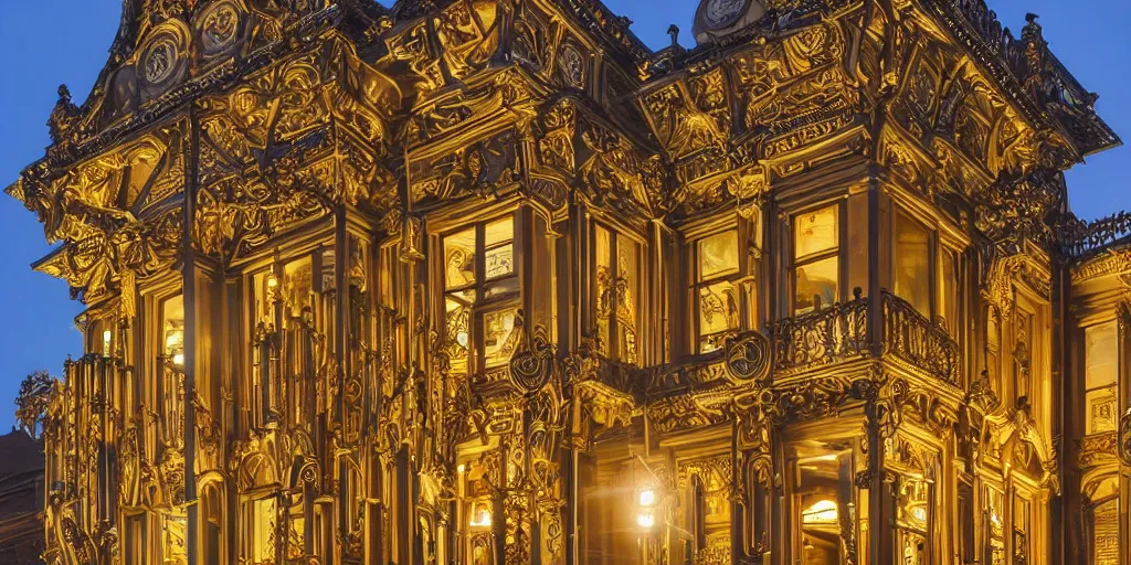 Image similar to extremely detailed ornate stunning sophisticated beautiful elegant victorian museum exterior by Henry Young Darracott Scott and Francis Fowke, stunning volumetric light, stainless steal, concrete, translucent material, beautiful sunset, tail lights