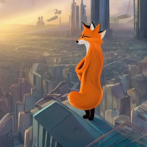 Image similar to an anthropomorphic fox, holding her hands together behind her back staring over a futuristic city from the top of a roof, wide shot, over the shoulder shot, highly coherent, trending on furaffinity