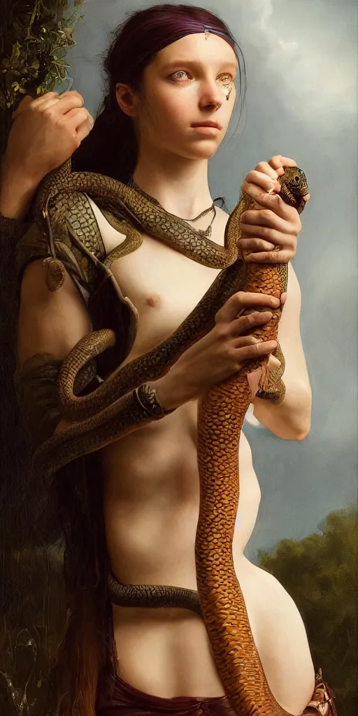 Image similar to the portrait of ( ( ( ( ( hunter schafer ) ) ) ) ) as a snake charmer by roberto ferri, fantasy, beautiful, centered, intricate detail, girl, witcher, very detailed oil painting, masterpiece, 8 k