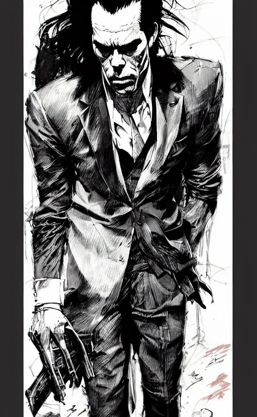 Image similar to full body portrait of nick cave, concept art, sumi - e style, intricate linework, artstation, trending, highly detailed, smooth, focus, art by yoji shinkawa and glenn fabry, lee bermejo, gabriele dell'otto