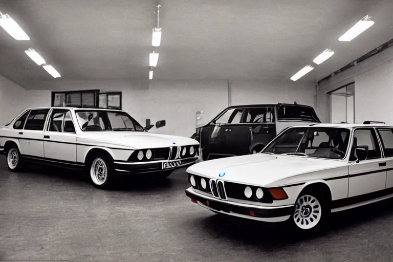 Prompt: BMW wagon estate, inside of an badly lit 1970s dealership, ektachrome photograph, volumetric lighting, f8 aperture, cinematic Eastman 5384 film