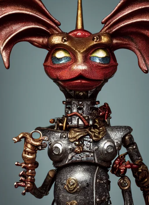 Image similar to closeup portrait of a tin toy fairytale dragon, depth of field, zeiss lens, detailed, symmetrical, centered, fashion photoshoot, by nicoletta ceccoli, mark ryden, lostfish, earl nore, hyung tae, frank frazetta, breathtaking, 8 k resolution, extremely detailed, beautiful, establishing shot, artistic, hyperrealistic, octane render