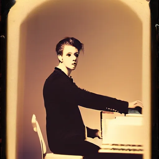 Image similar to attractive male, playing piano, low - key lighting, vaporwave, daguerrotype