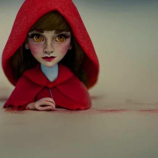 Image similar to a cinematic film still of a claymation stop motion film starring emma watson as little red riding hood, looking at wild wolf, shallow depth of field, 8 0 mm, f 1. 8