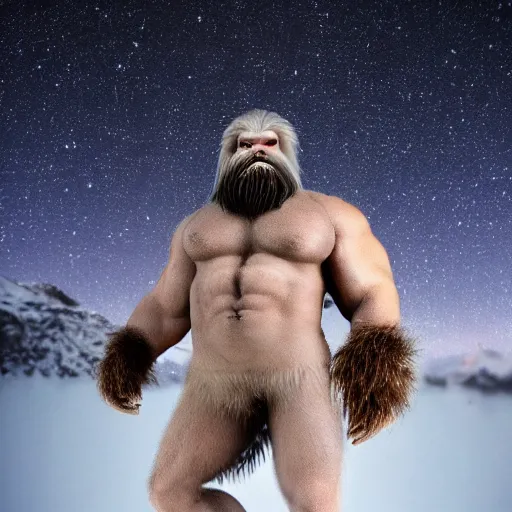 Prompt: muscular yeti on the top of a snowy mountain, galaxy in the sky