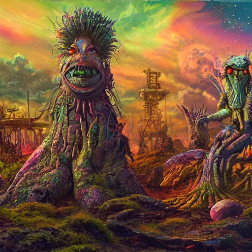 Image similar to extraterrestrial lovers on ancient post - apocalyptic planet, jim henson creature shop, vivid and colorful, thomas kincaid, cinematic, oil painting, highly detailed, illustration