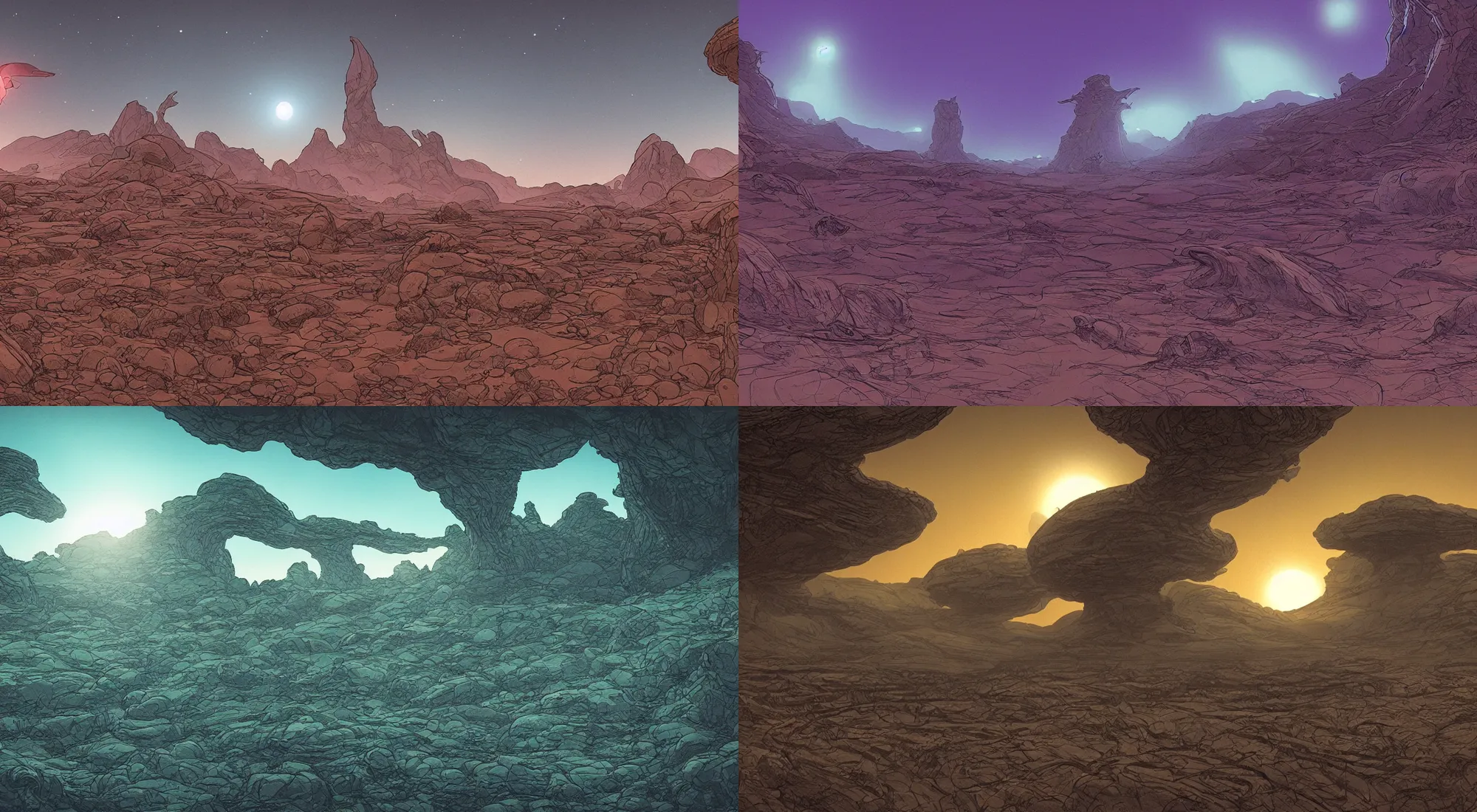 Prompt: alien landscape in moebius style , cinematic lighting