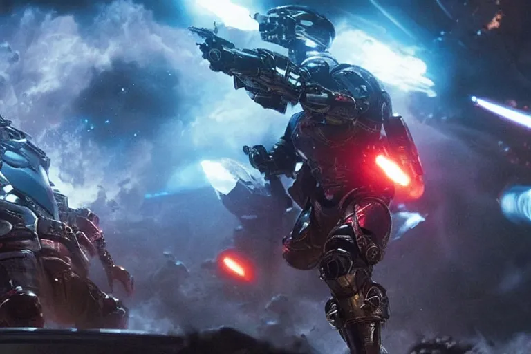 Image similar to VFX movie of a futuristic inhuman alien spacemarines in future spaceship, firing gun at space pirates detailed creature skin neon lighting combat by Michael Bay