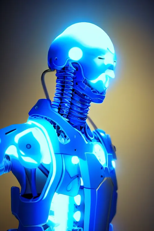 Image similar to hyperrealistic close-up blue glow exoskeleton!! sad chinese man covered highly detailed concept art eric zener elson peter cinematic side soft yellow light high angle hd 8k sharp shallow depth of field