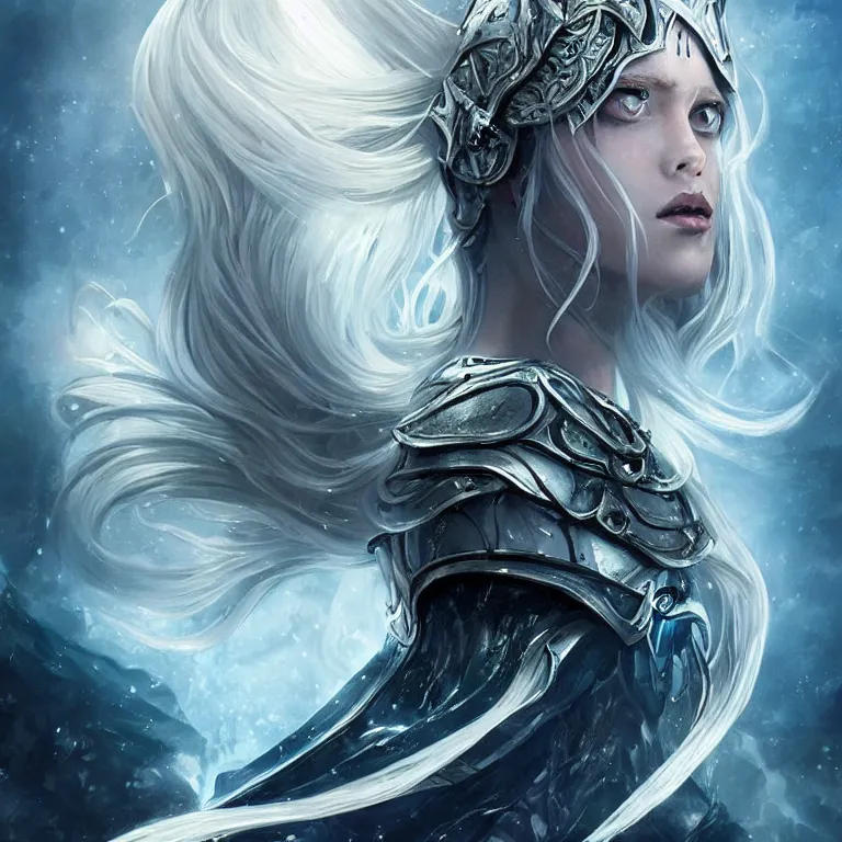 Image similar to beautiful cinematic fantasy poster, sci-fi, semi-transparent, candy gumdrop head with brilliant silver flowing hair and a brilliant jeweled silver helm, beautiful white glowing eyes, wideshot ultrawide angle epic scale, hybrid from The Elden Ring and art direction by Darius Zawadzki ;by artgerm; wayne reynolds art station; cinematic quality character render; low angle; ultra high quality model; production quality cinema model;