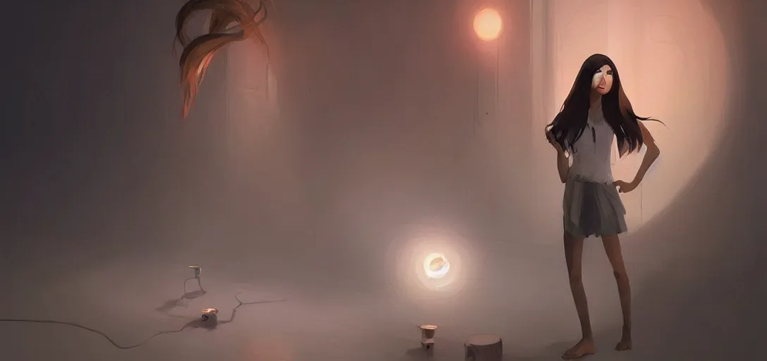 Image similar to Young Himalayan woman concerned in an empty room using psychic powers to make a lighter float| night time scene, plain walls |somber white eyes, long messy hair | gentle lighting, futuristic, dim lighting, digital art by Makoto Shinkai ilya kuvshinov and Wojtek Fus, digital art, concept art,