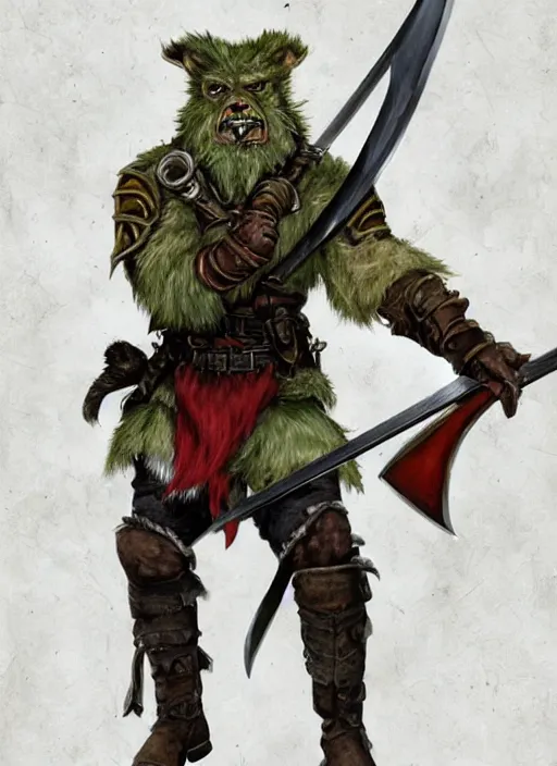 Image similar to strong young man, photorealistic bugbear ranger holding sword, fire magic, black beard, dungeons and dragons, pathfinder, roleplaying game art, hunters gear, jeweled ornate leather and steel armour, concept art, character design on white background, by norman rockwell, makoto shinkai, kim jung giu, artstation trending, poster art, colours red and green