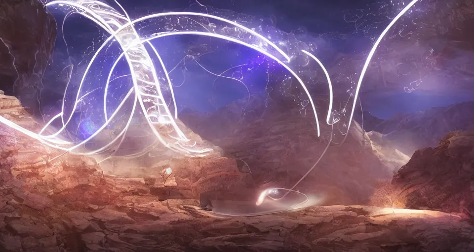 Image similar to night, people and a spiral - shaped white luminous attractor is floating in grand canyon, concept art, art for the game, professional lighting, art