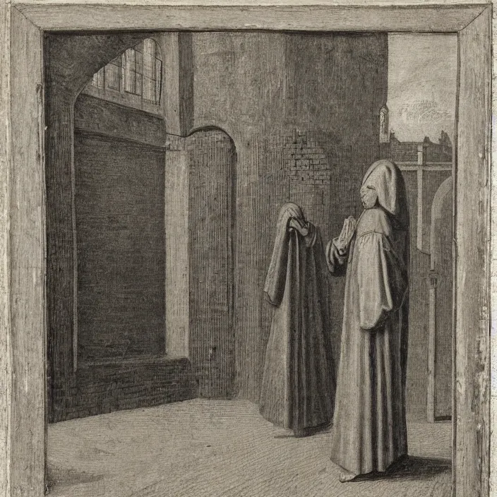 Prompt: a cloaked figured standing in front of a school, by early netherlandish painting,