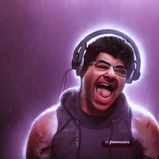 Image similar to tony khan wearing a headset, screaming furiously, cocaine everywhere, scared people in the background, intense, hyper detailed, artstation, flashing lights, hype anger, 8 k