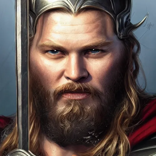 Image similar to viking looking thor, d & d, fantasy, portrait, highly detailed, full body, digital painting, trending on artstation, concept art, sharp focus, illustration, art by artgerm and greg rutkowski and magali villeneuve