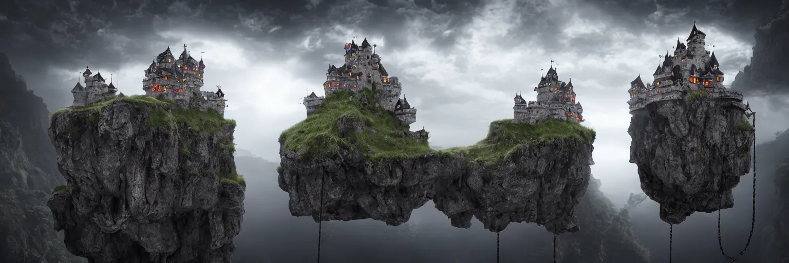 Image similar to cinematic view of floating castle hanging by chains in the air, in between a gorge, below only cloud dark void, 8 k resolution