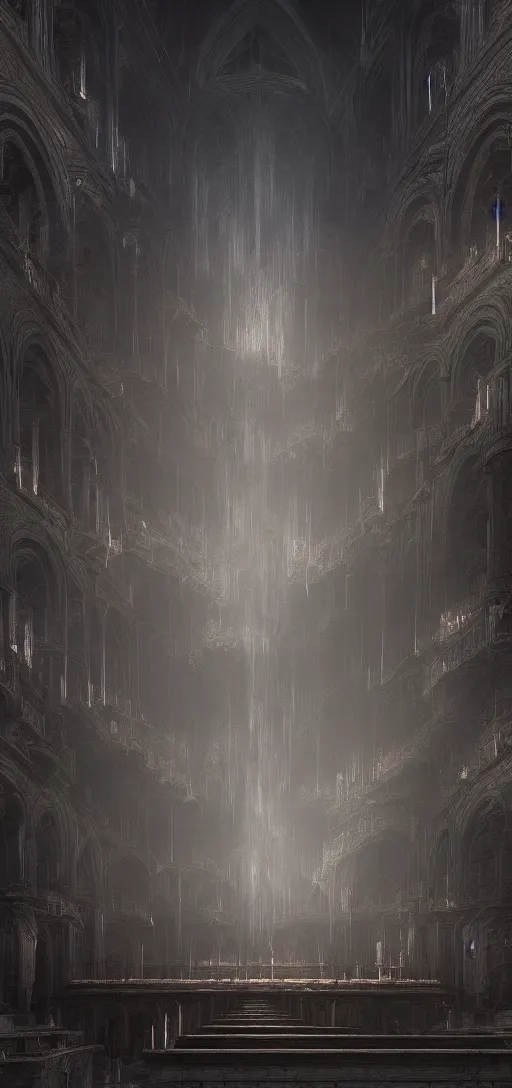 Image similar to pipe organ in an sunken cathedral, obsidian walls with silver trim, smoke, fog, unearthly light, by peter mohrbacher dan mumford craig mullins nekro, cgsociety, pixiv, volumetric light, 3 d render, smoke, dark fog, sunset colors