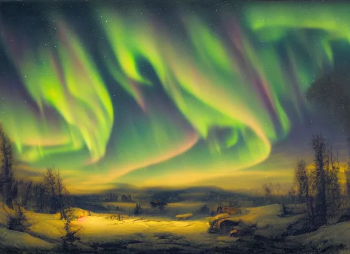 Image similar to aurora borealis above the snowed in fields and villages of lapland, finland in the style of hudson river school of art, oil on canvas