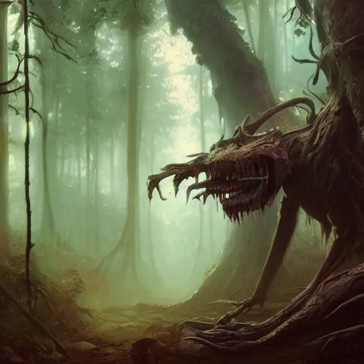 Image similar to highly detailed creepy forest humanoide creature, stephen bliss, unreal engine, fantasy art by greg rutkowski, loish, rhads, ferdinand knab, makoto shinkai and lois van baarle, ilya kuvshinov, rossdraws, tom bagshaw, global illumination, radiant light, detailed and intricate environment