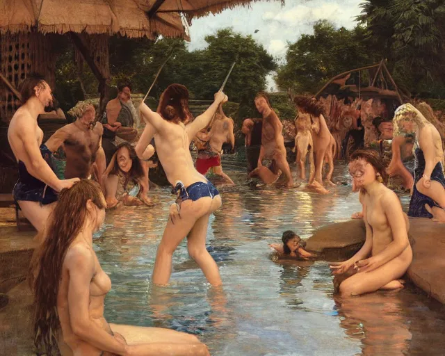 Image similar to chaos at the waterpark, key lighting, soft lights, by steve hanks, by edgar maxence, by caravaggio, by michael whelan, by delacroix, by serov valentin, by tarkovsky, 8 k render, detailed, oil on canvas