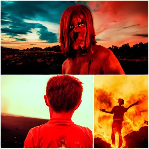 Image similar to a comic - like red haired boy with red eyes and surrounded by fire and a red sky