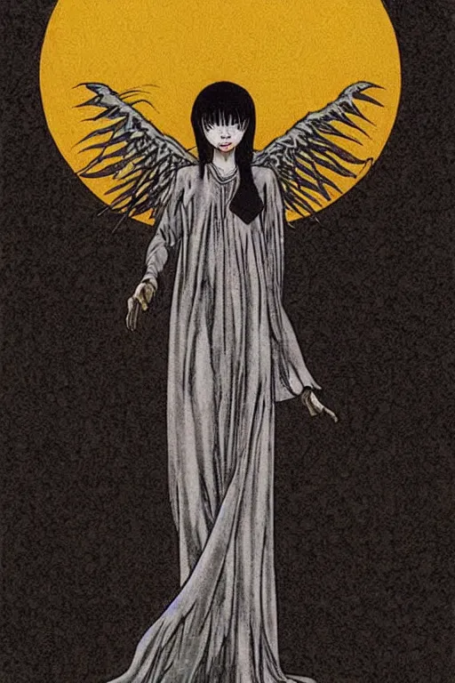 Image similar to angel of death smiling in the dark night, art by takeshi ohbata, junji ito