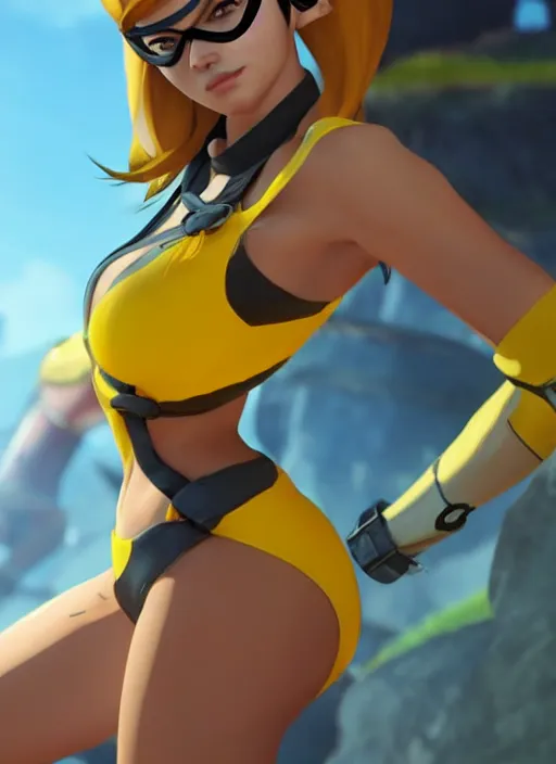 Image similar to tracer game character, in yellow bikini, blonde hair, black eyes, full height