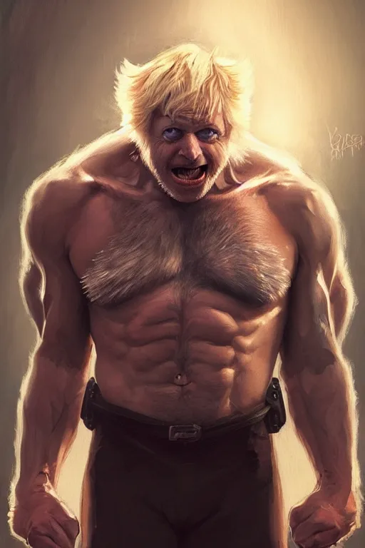 Image similar to Boris Johnson as Wolverine, portrait, skull on the chest, highly detailed, digital painting, artstation, concept art, smooth, sharp focus, illustration, cinematic lighting, art by artgerm and greg rutkowski and alphonse mucha