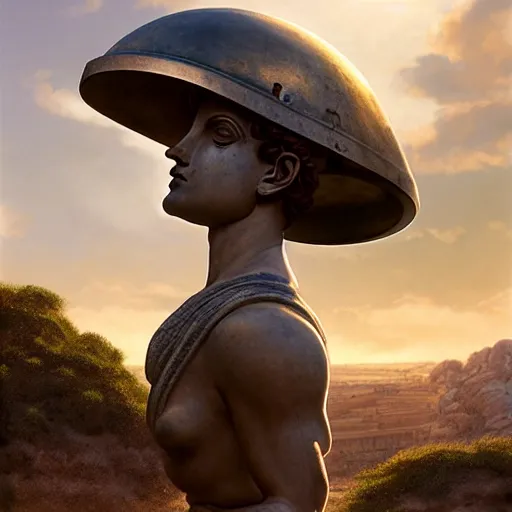 Image similar to tiny greek ancient woman in steel helmet standing on a giant greek ancient bearded man head, late afternoon light, greek temple of olympus glory island, wispy clouds in a blue sky, by frank lloyd wright and greg rutkowski and ruan jia