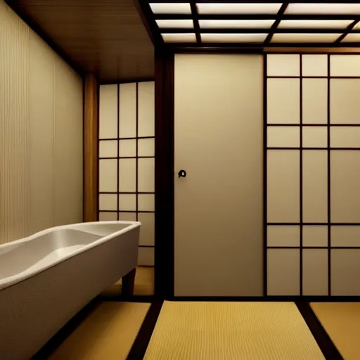 Image similar to still photo of a japanese bath room, highly detailed, photorealistic portrait, bright studio setting, studio lighting, crisp quality and light reflections, unreal engine 5 quality render