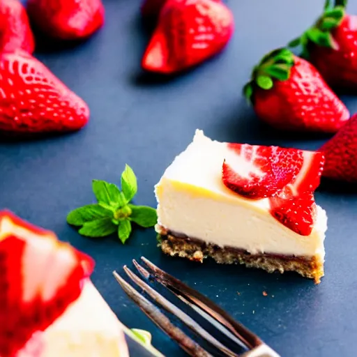 Prompt: professional food photo of a perfect slice of cheesecake topped with strawberries, 35mm film