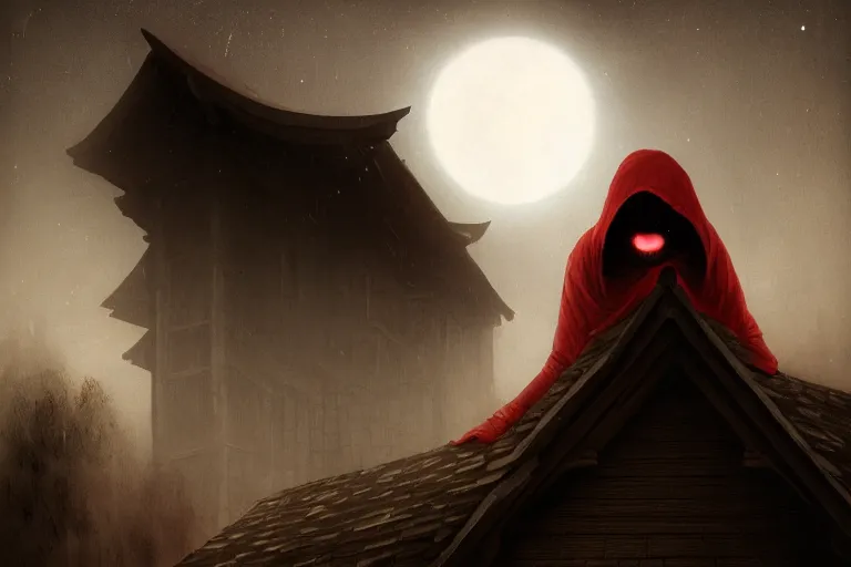 Prompt: A shadowed hooded humanoid figure possessing dark red eyes sitting atop Japanese shingles, staring down, as the night begins to darken even further with every motion of time that surpasses each and every millisecond, illustrated by Greg Rutkowski and Gaston Bussiere, eyelevel perspective image, architectural design, blackened lighting backed up by the luminosity of the moonlight, foreboding and eerie lighting, unearthly art style, trending on artstation, 4k, 8k