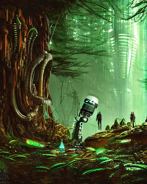 Image similar to aliens discovering technological artifact in a forest, concept art, intricate details, highly detailed, sci - fi poster, cyberpunk art, in the style of looney tunes