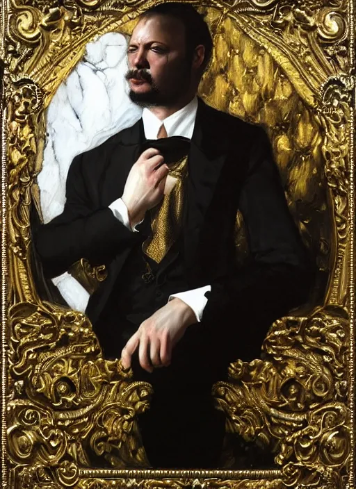 Image similar to highly detailed oil painting | very intricate | cinematic lighting | black, white and gold color scheme, dark background | the business man by alexander mcqueen | by roberto ferri, by gustav moreau, by singer sargent and klimt, american romanticism, occult art | by austin osman spare, artstation, cgsociety, official art, octane