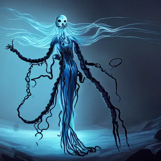 Image similar to concept designs of a chained ethereal ghostly wraith like figure with a squid like parasite latched onto its transparent skull and long tentacle arms that flow lazily but gracefully at its sides like a cloak while it floats around a frozen rocky tundra in the snow searching for lost souls and that hides amongst the frozen underbrush, this character has hydrokinesis and electrokinesis for the resident evil village video game franchise with inspiration from the franchise Bloodborne in the style of arcane the series on netflix