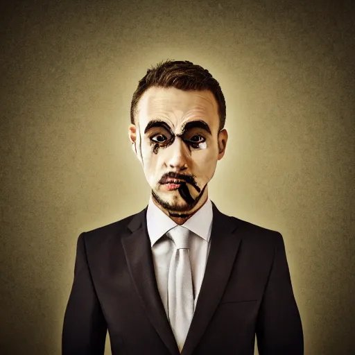 Image similar to man wearing a suit made of broken dreams, portrait, realistic, dark, eerie, sharp focus