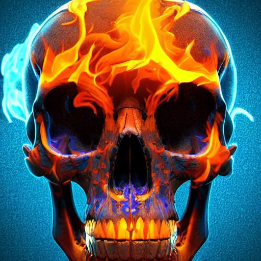 Prompt: a highly detailed human skull with intricate designs with fire for eyes on fire in front of a neon blue background, 3 d, colorful, octane render, symmetrical, hyper realism, highly detailed, digital art, artstation, concept art, cinematic lighting, strong bokeh, trending