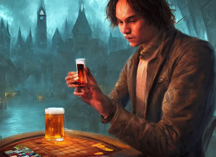 Prompt: frank dillane playing magic the gathering in a pub, realistic, detailed, intricate, digital painting, trending on artstation, beer mug, beer, fantasy, background by marc simonetti, artwork by liam wong, handsome