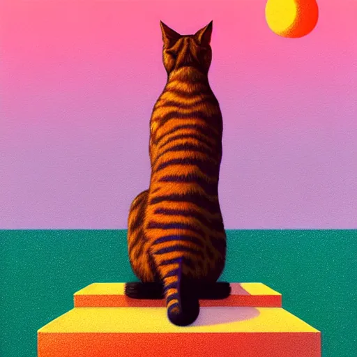 Image similar to low angle shot of a cat standing on a monolith by Martine Johana and Casey Weldon, wes anderson rich colors, intricate, elegant, highly detailed, centered, digital painting, artstation, concept art, smooth, sharp focus, illustration