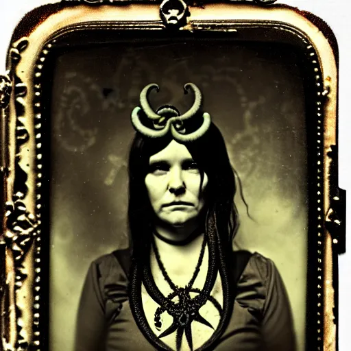 Image similar to tintype ambrotype daguerreotype of a cthulhu priestess adorned in occult jewelery with tentacle hair. emerging walking out of a slithering baroque frame. she is high priestess of cthulhu. tintype