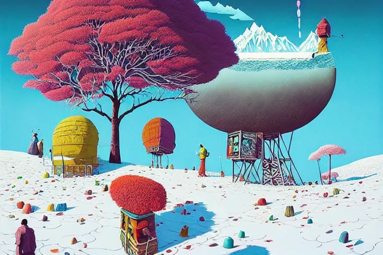 Prompt: surreal glimpse into other universe, himalaya with snow ice cream, summer morning, very coherent and colorful high contrast, art by!!!! gediminas pranckevicius!!!!, geof darrow, floralpunk screen printing woodblock, dark shadows, hard lighting