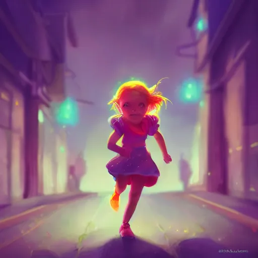 Prompt: beautiful picture of a little girl running down the street, glowing colors, fantasy art, trending on artstation, cgsociety, nice composition, great fantasy mood, classic Disney mood