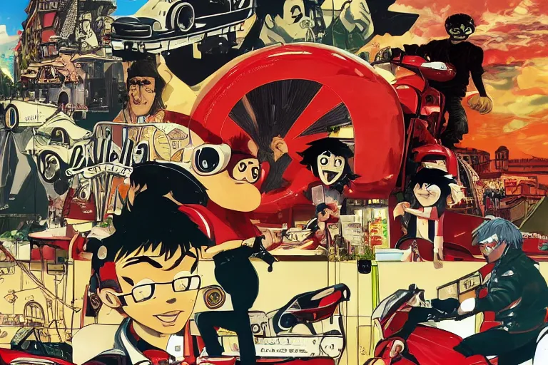Image similar to italian pizza, akira's motorcycle, gorillaz, poster, kid drawn