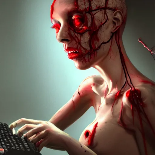 Prompt: , flesh box with wires sticking out, a computer made out of flesh, computer made out of flesh, skin on the gaming pc, personal computer horror, server, electronic, skinned alive, blood, intricate, highly detailed, digital painting, artstation, concept art, smooth, sharp focus, illustration,