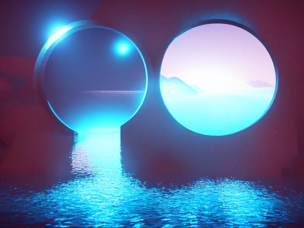 Image similar to a magical circular portal to another world in a lake opening under the water, lights, magical, ethereal, sci - fi, art, 8 k render octane high definition