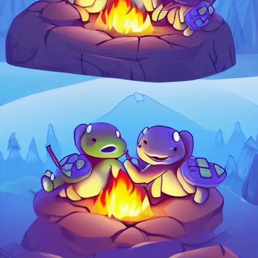 Image similar to two happy cute chibi turtles sitting around a campfire near a cave entrance to a mountain, there is a forest of trees in the background and a small frozen lake in the distance, trending on artstation, 3d digital artwork, cinematic lighting, 4K, very full detail, vector, amazing artwork, trending on Behance award-winning art, kawaii