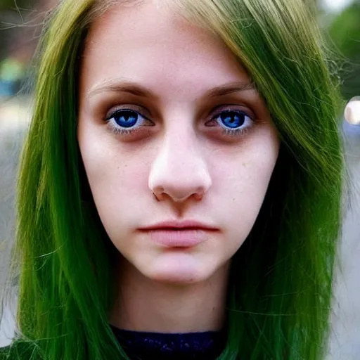 Image similar to brunette with dyed blonde hair, 18 years old, 155 cm tall, long flat hair, blonde, green big eyes, small nose, small mouth, round shaped face, big forehead, lop eared, full body shot, thin eyebrows, real life photograph