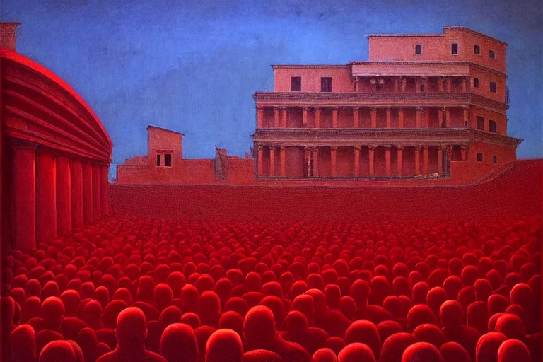 Image similar to only with red, a red melted emperor, taormina amphitheatre, crowd hails him, in the style of beksinski, parts by edward hopper, parts by rodcenko, parts by yue minjun, intricate and epic composition, red by caravaggio, insanely quality, highly detailed, masterpiece, red light, artstation, 4 k