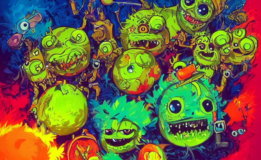 Image similar to a cinematic poster squad of tennis ball monsters, colorful, digital art, fantasy, magic, chalk, trending on artstation, ultra detailed, professional illustration by basil gogos